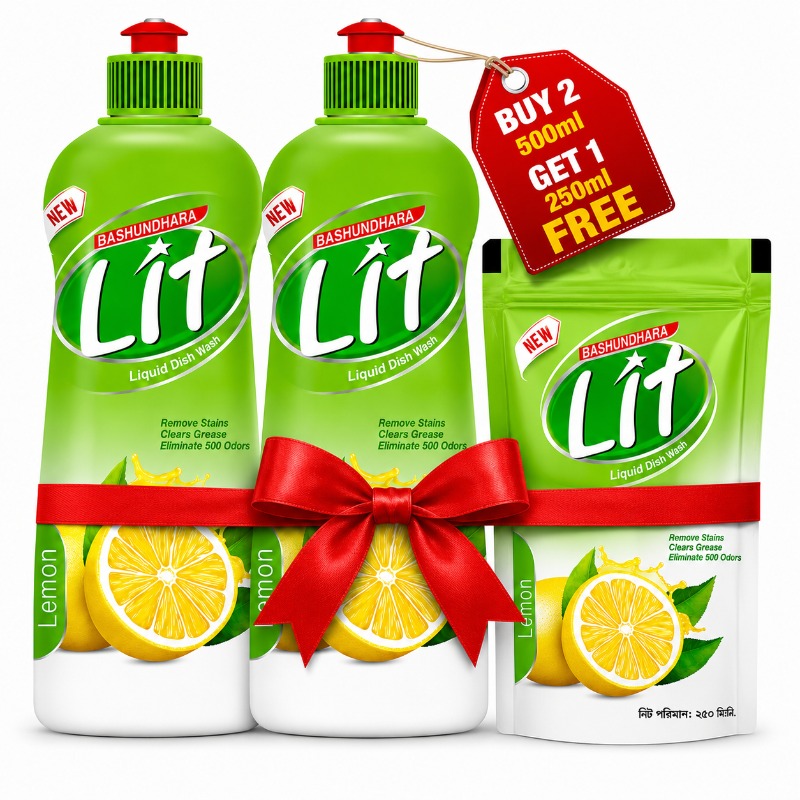 Bashundhara LIT Dish Wash 500ml Combo (B2 G1 Pouch 250ml Free)